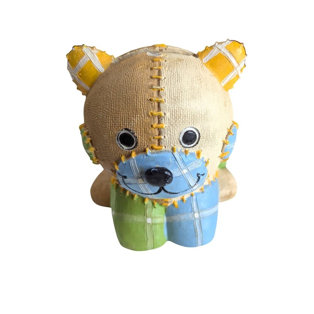 Patchwork-Look Cat Coin Bank With Slot & Stitch Detail Beige Green Blue Yellow R